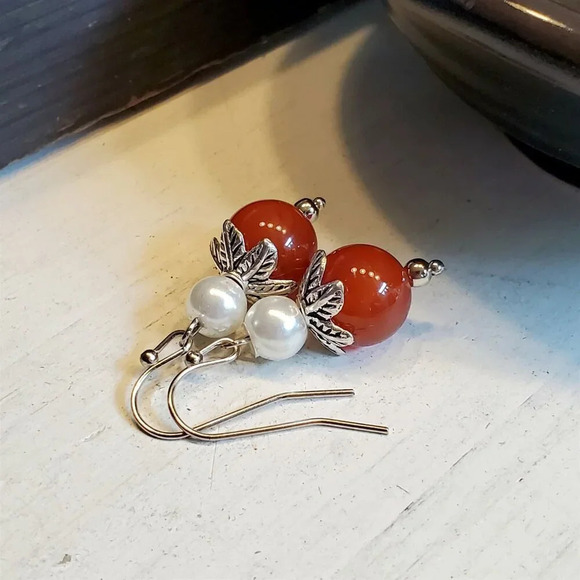 Handcrafted Red Carnelian Gemstone White Faux Pearl Silver Dangle Earrings - Picture 3 of 9